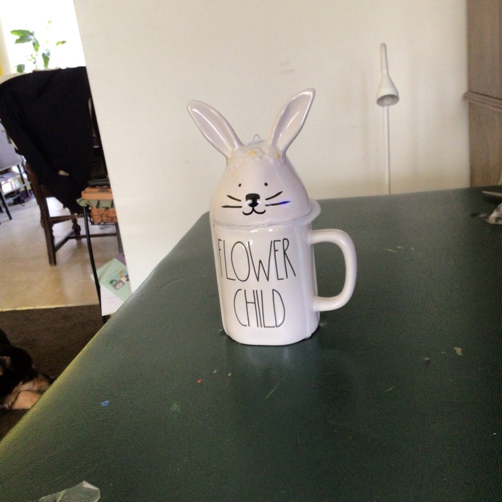 Rae Dunn Flower Child mug with bunny topper